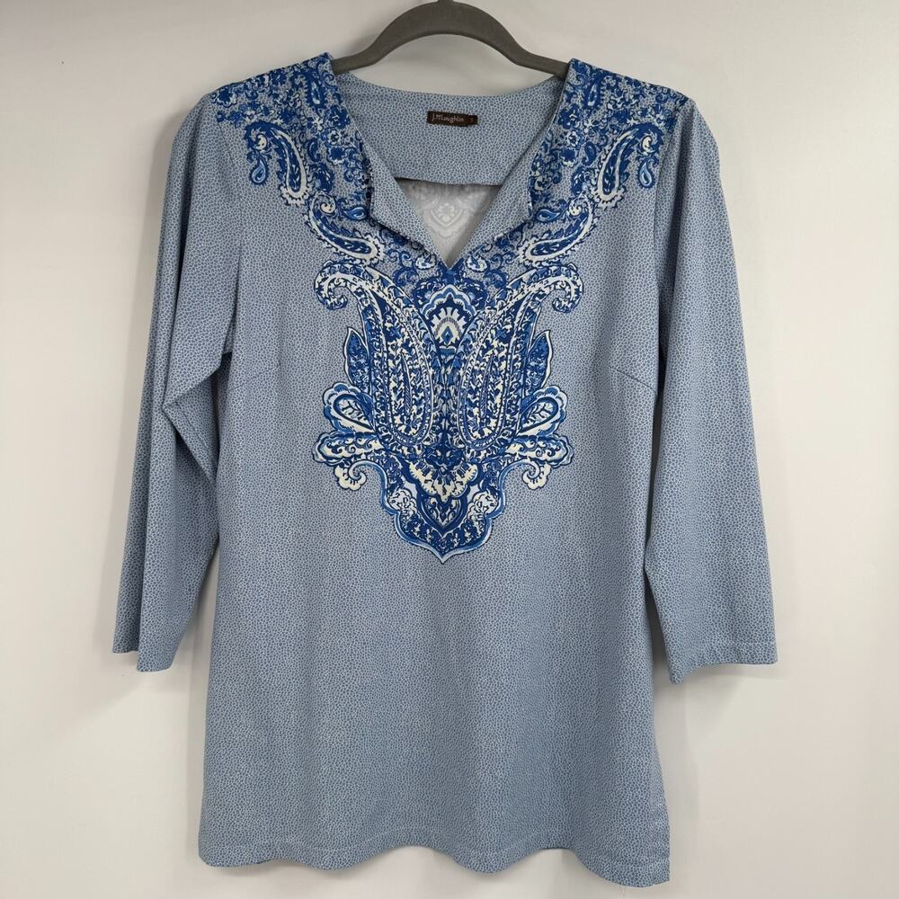 J McLaughlin Paisley Catalina Cloth Top Sz S Blue White Print 3/4 Sleeve V-Neck